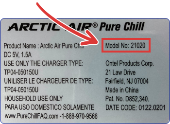 Artic Air® Pure Chill label with model number